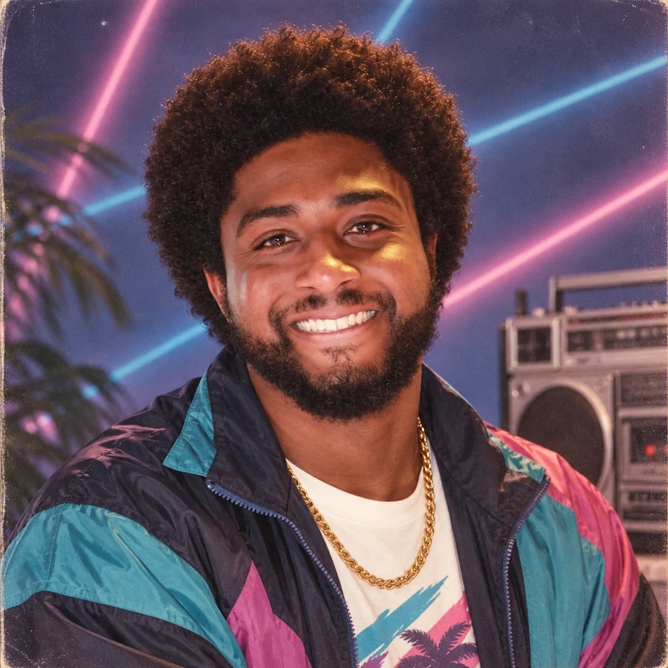 OpenAI example of a smiling man in a colorful jacket against a neon studio backdrop