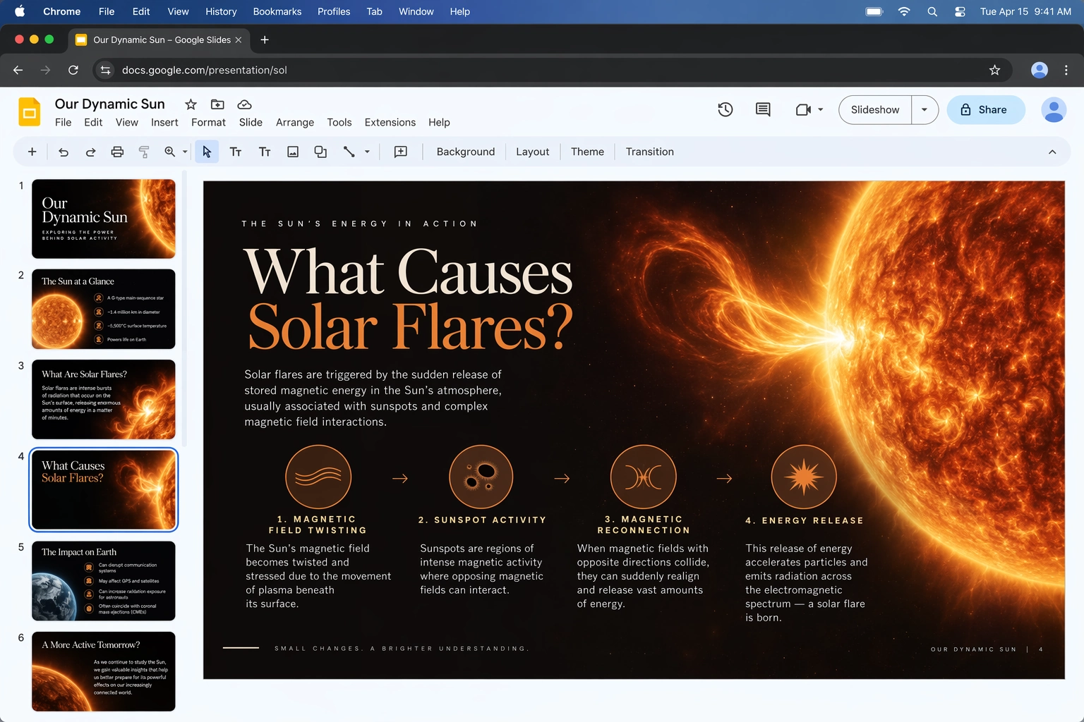 OpenAI presentation example showing an illustrated explanation of solar flares