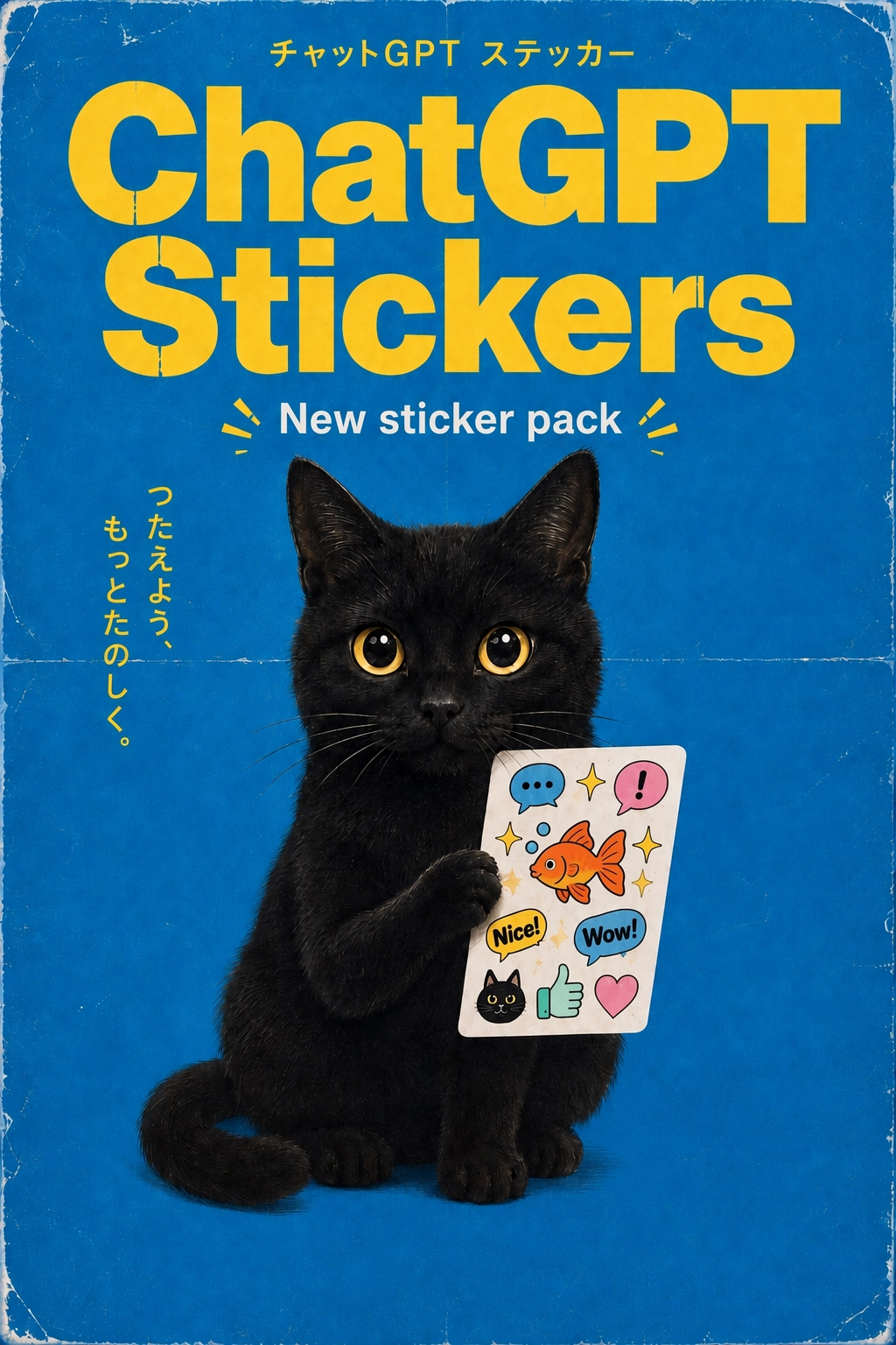 OpenAI example of a black cat holding stickers on a blue and yellow illustrated poster